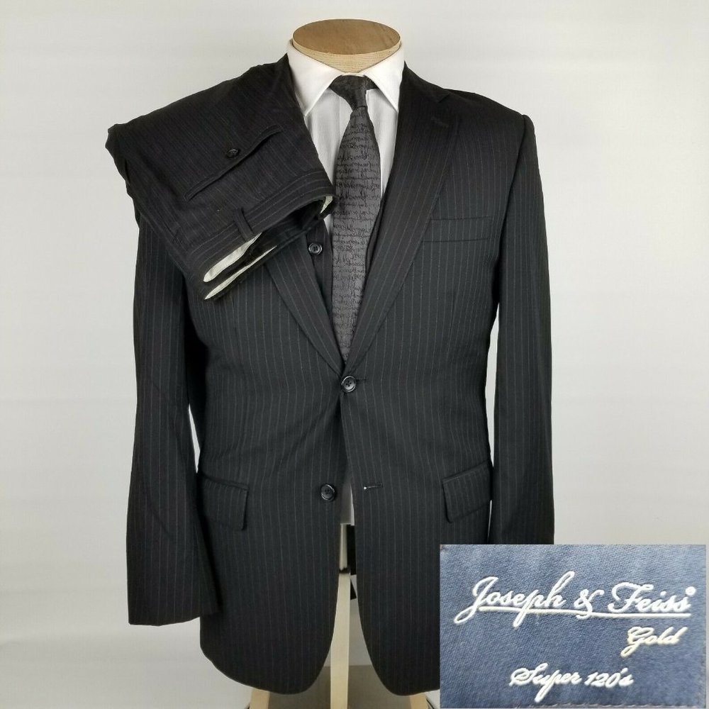 Joseph Feiss Gold Mens Suit 39R Black Pin 3 Piece